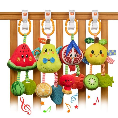 TUMAMA Hanging Toys For Baby Gym, 4 Pack Fruit Crib Early Baby Cognitive Sensory Hanging Rattle Toys, Stroller Baby Gym Mobile Plush Toys with Teether, Baby Toys for 0, 3, 6, 9, 12 Months