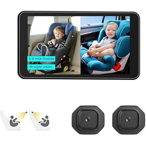 Magnetic Dual Baby Car Camera, 5" 1080P HD Split-Screen Monitor with Auto Night Vision, Easy Install & Adjustable Brightness, Wide-Angle Car Baby Monitor for 2 Kids Rear Seat Safety