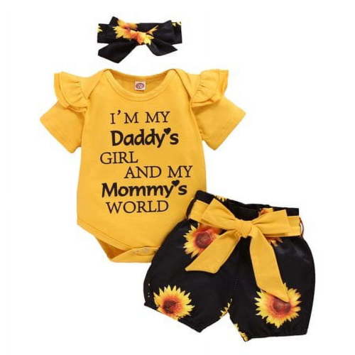 HESHENG Newborn Infant Baby Girls Clothes Summer Short Sleeve Romper Sunflower Shorts Pants Outfits Set Yellow 3-6 Months