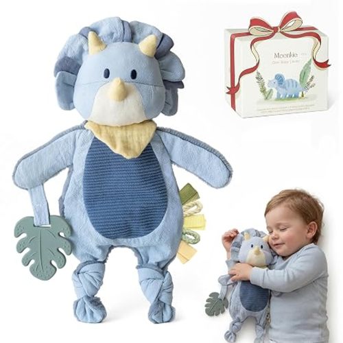Moonkie Baby Lovey with Silicone Teether, Dinosaur Security Blanket with Textured Ribbons, Crinkle Toys, Soft Minky Velour & Natural Cotton, Newborn Boys Gifts for Baby Shower & Birthday