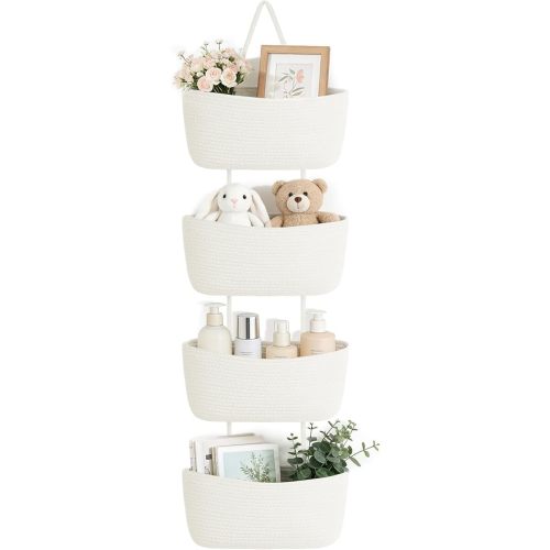 Dahey Over The Door Hanging Basket 4-Tier Woven Boho Wall Mounted Storage Organizer with Hooks for Bedroom Nursery Bathroom Apartments Dorm Pantry Decor, White