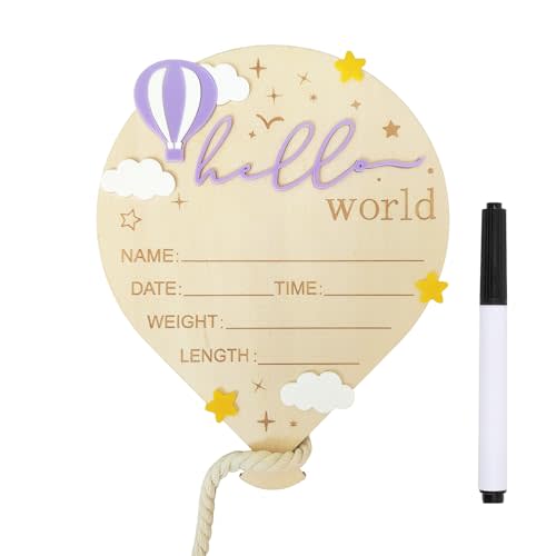 Baby Announcement Sign, 5.9 Inch Wooden Hello World Newborn Signs, Birth Announcement Sign, Hot Air Balloon and Stars Decoration, Welcome Newborn Arrival To World, Hospital Nursery for Baby (Purple)