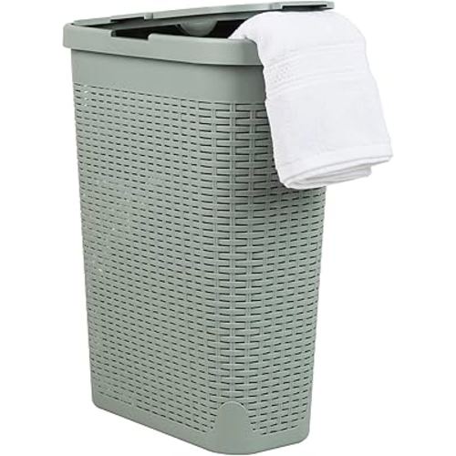 Mind Reader Slim Laundry Hamper with Lid, 40L Clothes Basket, Premium Wicker Design, Plastic, Mint