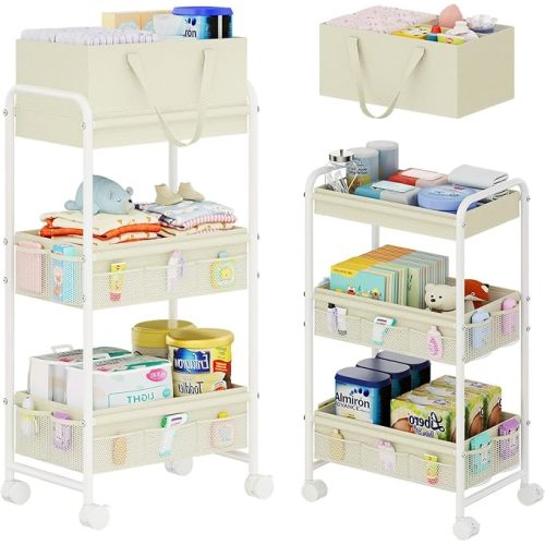 Cidaziya 2 in 1 Baby Diaper Organizer with Diaper Caddy Basket,Nursery Organizers and Storage Cart for Baby Essentials with Side Pockets, Rolling Postpartum Cart for Nursery, Baby registry