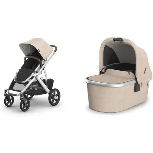 UPPAbaby Vista V3 Stroller + Bassinet V3 - Convertible Single-to-Double Stroller System- Bassinet, Toddler Seat, Bug Shield, Rain Shield Included - Declan (Oat Mélange/Silver Frame/Chestnut Leather)