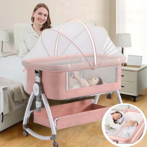 EONROACOO Folding Baby Bassinet Bedside Bassinet Travel Crib with Wheels, Pink