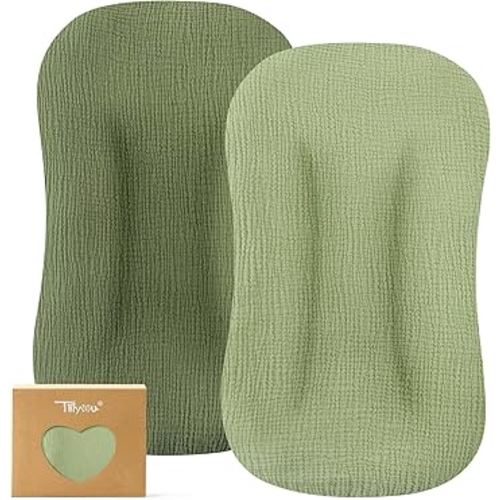 TILLYOU Muslin Baby Lounger Cover, 100% Cotton Newborn Lounger Cover, 2 Pack Baby Nest Slipcover for Boys Girls, Cover Only, Forest Green and Light Green