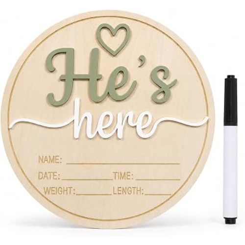 Baby Announcement Sign, Wooden He's here Newborn Signs, ​5.9 Inch Birth Announcement Sign, Gender Reveal Signs, He's here Decoration, Welcome Newborn Arrival To World (He's,Green-A)