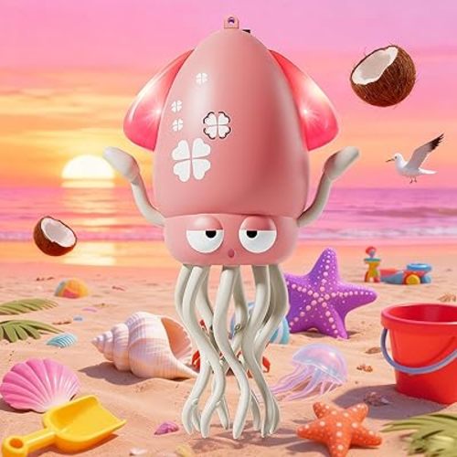 Interactive Octopus Toy,Dancing Octopus with LED Lighting,Music,Intelligent Obstacle Avoidance and Fishing Rod, Baby Toy for Tummy Time,Musical Toy for Babies(Red)