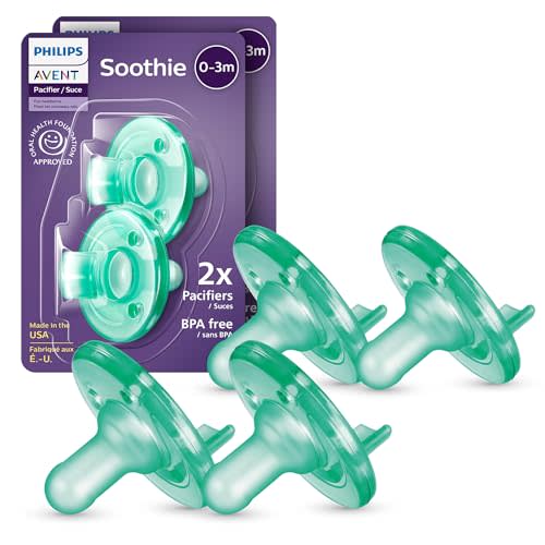 Philips Avent Soothie Orthodontic Baby Pacifiers, 100% Silicone Pacifiers, One Piece, BPA-Free, for Babies 0-3 Months, Green, 4 Pack, Model SCF190/41