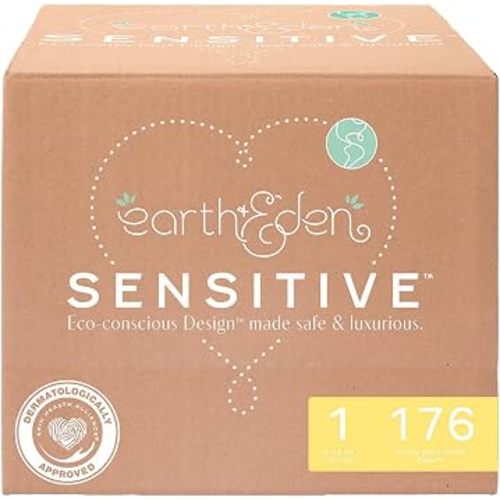 Earth & Eden Sensitive Baby Diapers, Size 1 (176 Count) - Eco-Conscious & Hypoallergenic Diapers - No Harsh Chemicals - Comfortable and Gentle on Skin - Dermatologically Approved