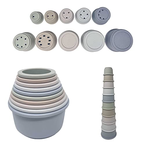 BraveJusticeKidsCo. Silicone Educational Stacking Cups (10 Pieces) | Baby Sorting and Counting | Bath Toys | Early Motor Development | Best Montessori Toy Gift for 6 Month+ Boys & Girls