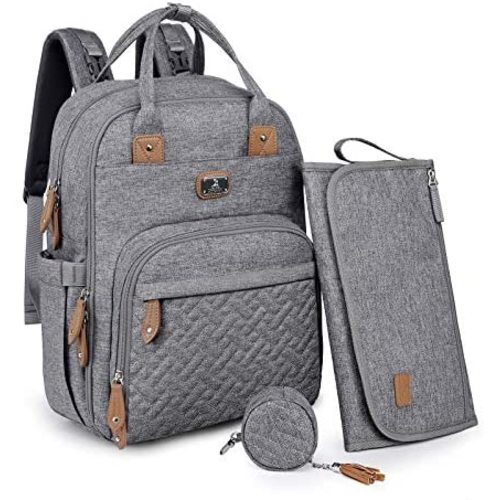 Diaper Bag Backpack with Portable Changing Pad, Pacifier Case and Stroller Straps, Dikaslon Large Unisex Baby Bags for Boys Girls, Multipurpose Travel Back Pack for Moms Dads, Gray