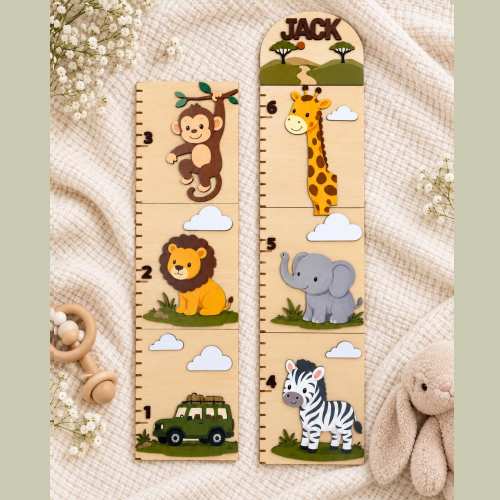 Personalized Safari Growth Chart for Nursery 3D Layered, Wooden Animal Height Chart, Custom Kids Measuring Ruler with Milestone Markers