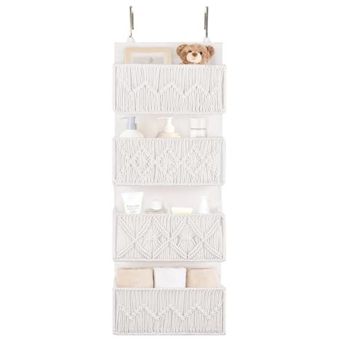 Dahey Over The Door Organizer Macrame Boho Hanging Back of Door Storage | 4 Large Pockets, Fits 1.77" Doors, Firmly Attached, Space Saving, Multi-function, for Nursery Bedroom Bathroom Dorm, White