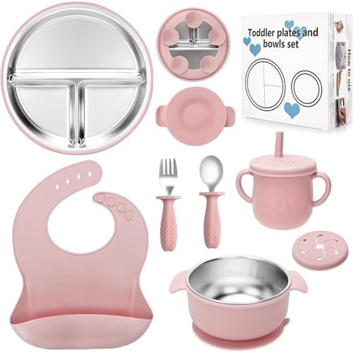 MISSLILI Stainless Steel Kids Plates and Bowls Set with Suction, Divided Baby Plate and Toddler Bowl with Removable Silicone Suction,Stainless Steel Weaning Bundle, Silicone Baby Feeding Set (Pink)