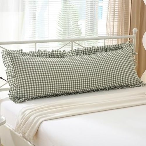 Sage Green White Plaid Gingham Body Pillow Cover with Ruffles, 100% Washed Cotton Rustic French Country Vintage Pillow Shams for Bed/Sofa - 20"x54"