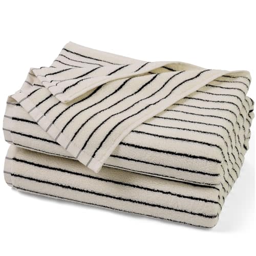 Black and Ivory Striped Bath Towels Set of 2, Lighter & Quick Dry Towels | Large 27.5 x 55 inches, Farmhouse for Bathroom, Pool, Shower