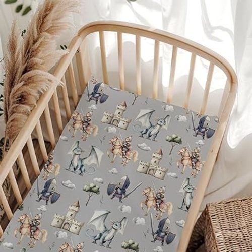 Cute Dragon Castle Knight Horse Fitted Crib Sheet for Baby Girls Boys 52x28x9 in Fairytale Dragons Trees Leaves Cloud Baby Sheet for Standard Crib and Toddler Mattress Toddler Bed Sheet