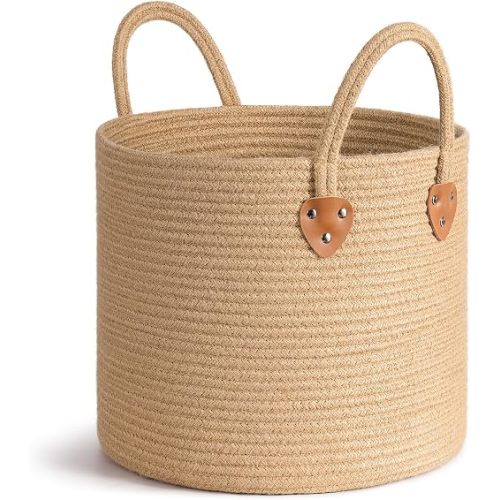 CHICVITA Jute Wicker Storage Basket with Leather Handles, 14" x 12"，Jute