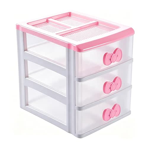 3 Drawer Mini Desk Organizer Plastic Cute Pink Drawer Storage | 3 Drawers Small Pink Plastic Drawers Organizer, Kawaii Mini Desktop Storage Drawers for Bathroom, Vanity, Office, Bedroom