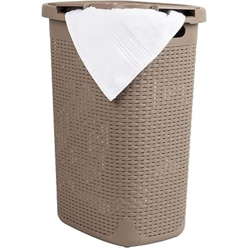 Mind Reader Slim Laundry Hamper with Lid, 60L Clothes Basket, Premium Wicker Design, Plastic, Tan