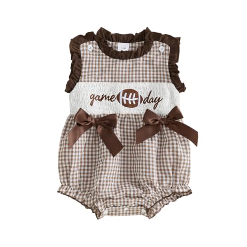 Baby Girl Football Outfit Game Day Smocked Bubble Romper | Bows Gingham Plaid,Sleeveless Bodysuit,Footballl season Outfit,Game Day Cothes