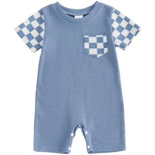 Tsultryofs Baby Boy Girl Romper Newborn Infant Summer Jumpsuit Plaid Print Short Sleeve Crew Neck Romper