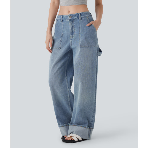 Halara Flex™ Low Rise Rolled Hem Washed Casual Baggy Jeans with Pockets