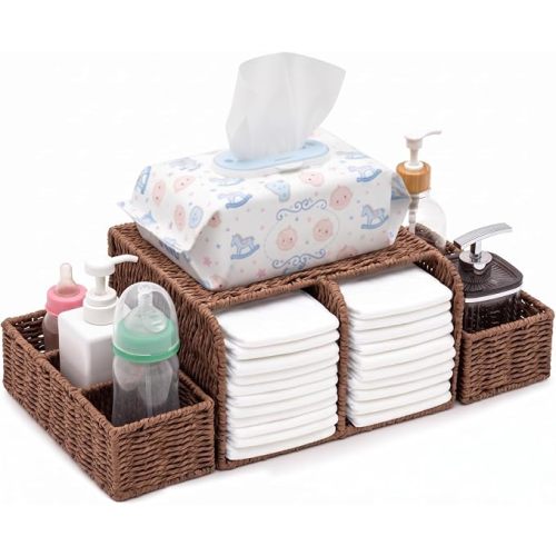 Fiwochic Large Wicker Diaper Caddy Changing Table Organizer, Brown, Paper