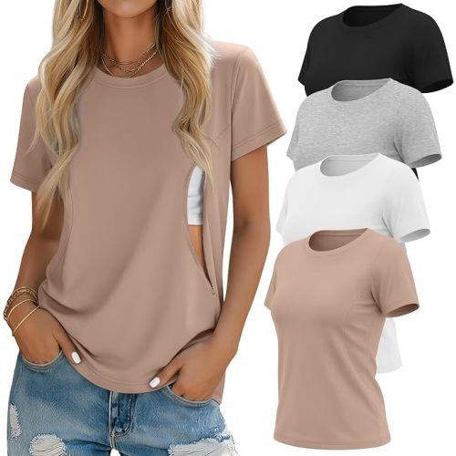 Oakgarden 4 Pack Women's Nursing Breastfeeding Shirts with Zipper Loose Fit Short Sleeve Maternity Top Nursing Clothes