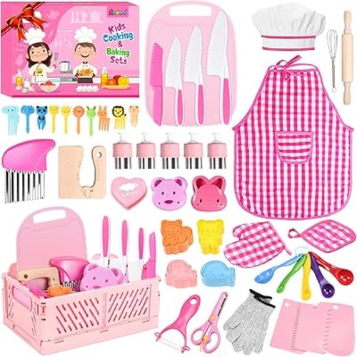 Kids Knife Set for Real Cooking: 48PCS Kids Kitchen Set, Kids Cooking Sets Real with Apron＆Basket, Kid Kitchen Accessories, Toddler Baking Kitchen Tools, Montessori Toys for 3+ Year Old Birthday Gifts