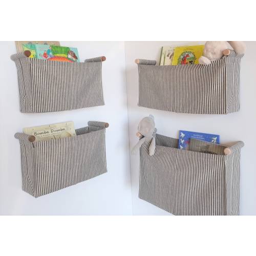 Linen Hanging Basket with Wood Hooks: Nursery Storage Organizer