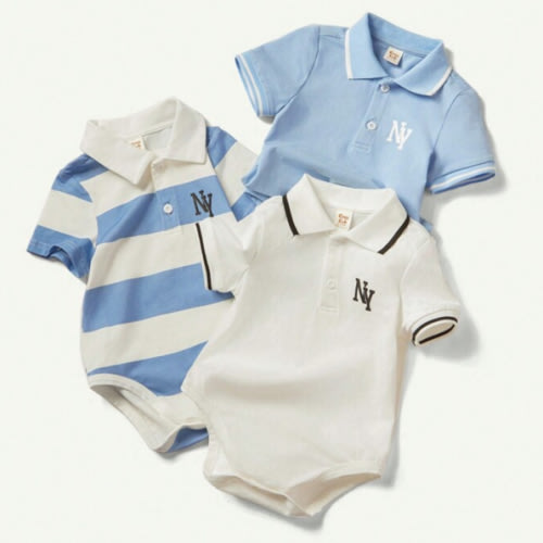 Cozy Pixies 3pcs Cartoon Animal Patterned Turn-Down Collar Short Sleeve Bodysuit Set For Baby Boys Print | SHEIN USA