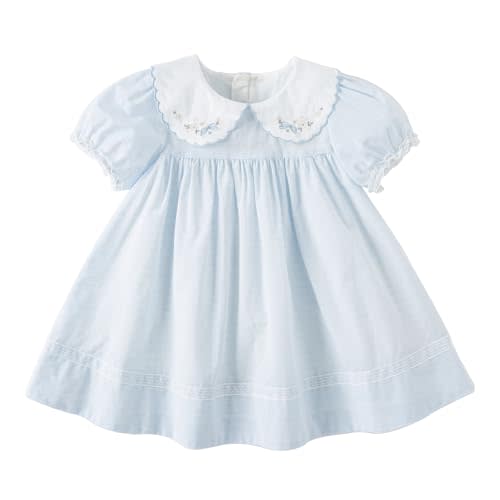 DAVE&BELLA Toddler Baby Girls Summer Dress, Short Puff Sleeve Cotton Sundress Blue Striped Floral Embroidery Prince Dresses