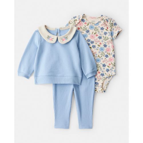 Baby Girl 3-Piece Floral Collared Cardigan Outfit Set - Blue | Carter's