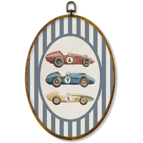 XPH Vintage Car Nursery Oval Wall Art Framed, Kids Oval Wall Decor Accents, Blue Striped Racing Car Vehicle Hanging Canvas Prints for Home Kids Boy Nursery Room Playroom Decoration, 8.6x11.4 Inch