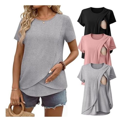 Ekouaer Women Short Sleeve Double Layer Maternity Nursing Shirts Breastfeeding Postpartum Tops Black/Light Gray/Pink M