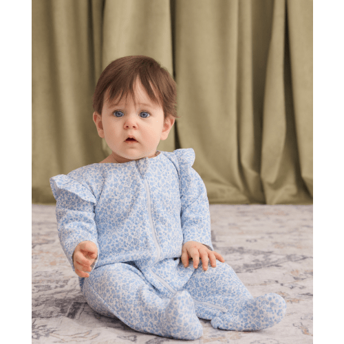 Fall Blooms Blue Jacquard Zip Footie