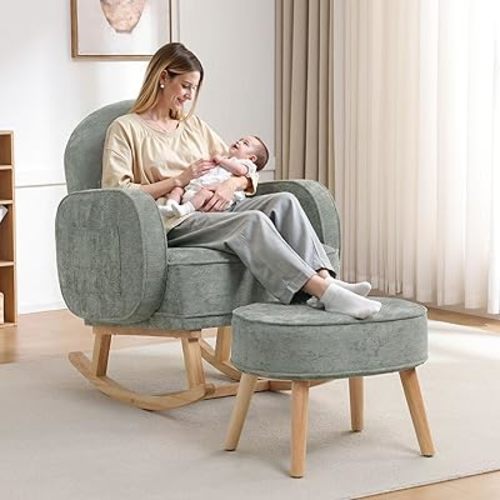 HCHAIRH Rocking Chair with Ottoman, Upholstered Glider Rocker with High Backrest and Side Pocket, Comfy Chenille Reading Chair with Solid Wood Legs for Nursery, Living Room,Bedroom Pale Green