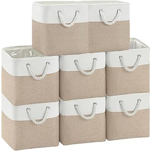11 x 11 Inch Cube Storage Bins,8 Pack Foldable Storage Bins Baskets[Waterproof Fabric],Large Storage Box with Rope Handles for Organizing Clothes,Toys,Books,White & Beige