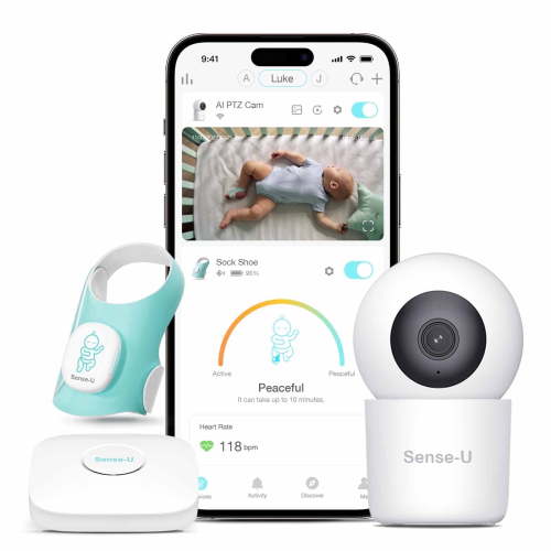 Sense-U Baby Sock Shoe Bundle Smart Baby Monitor: Sock Shoe Plus 2.5K PTZ Camera - Track Heart Rate, Sleep Movement, Heartbeat, Pan-Tilt-Zoom Video, AI Cry Detection, Audio