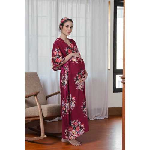 Floral Cotton Maternity Kaftan • Nursing + Birthing Gown • Hospital Robe Loungwear Spa Dress