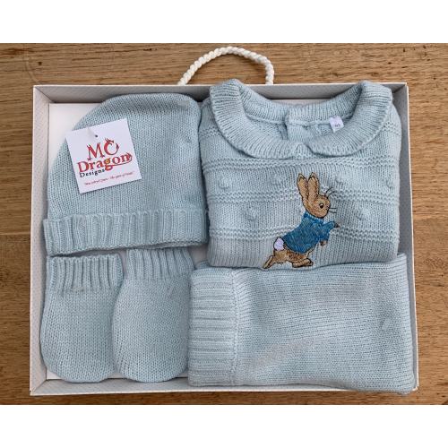 Hoppy Peter Rabbit - Embroidered -Baby 4 pcs Knitted Deluxe Box set in Sky blue jumper, trousers, hat + mittens  sizes NB, 0-3 ,3-6m