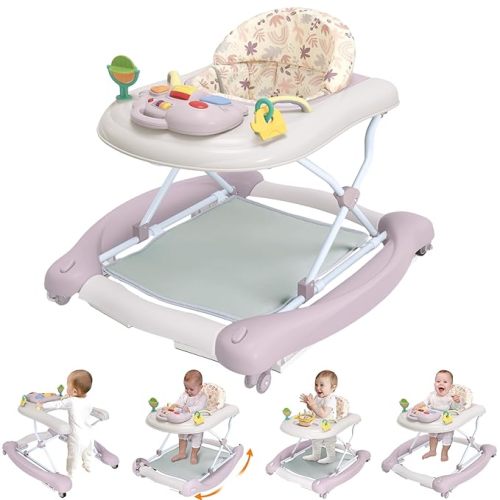 Foldable Baby 5-in-1 Activity Walker - Rocker, Activity Center, Bouncer, Seat Walker, Push Walker - Adjustable Speed Rear Wheels and Height Toys Ages 6-18 Months… (Purple)