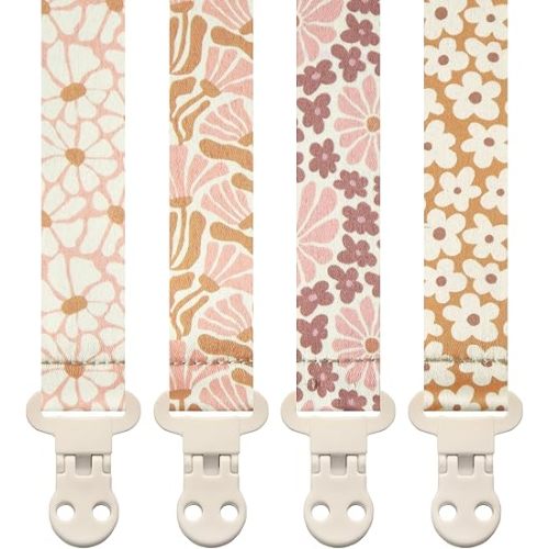 Stadela Baby Pacifier Clip Holder - Girl 4 Pack Gift Set – Boho Modern Pink and Beige Flowers Floral (Nolana)