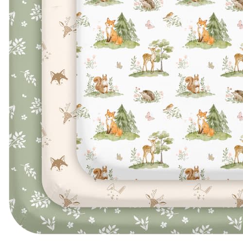 Pack and Play Mattress Sheets Fitted, 3 Pack Mini Crib Sheets | Stretchy Playard playpen Sheet, Compatible with Graco Pack N Play Mattress, Soft and Breathable Material, Jungle Animals