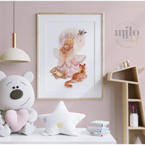 Fairy nursery art poster, original watercolor painting, children‘s room, girls room poster, unique gifts girls Fairy Reading a Book Wall Art
