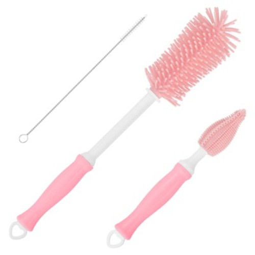 Unique Bargains 360 Rotation Straight Handle Silcone Bottle Cleaning Brush 1 Set Pink