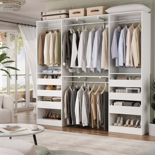 iSunirm 5FT Closet System with 3 Wooden Drawers, Reversible Closet Organizer with Hanging Rod & Shelf Tower, Sturdy Wardrobe Closet Garment Rack for Bedroom/Closet, 60"W x 80"H x 15"D, White